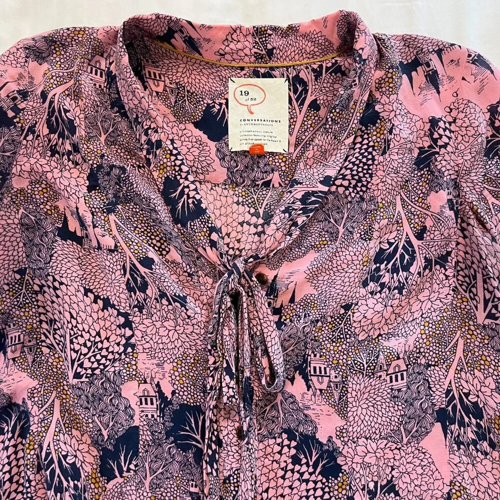 Anthropologie 52 Conversations Colloquial Necktie Blouse 2 Castle Forest Print - Picture 4 of 7